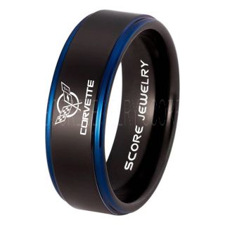 Black Tungsten Ring with Blue Step Edge Polished Finish 8mm Tungsten Wedding Band Corvette Ring Chevrolet Ring Chevy Ring