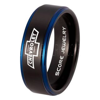 Black Tungsten Ring with Blue Step Edge Polished Finish 8mm Tungsten Wedding Band Chevy Bowtie Ring Chevrolet Ring Chevy Ring
