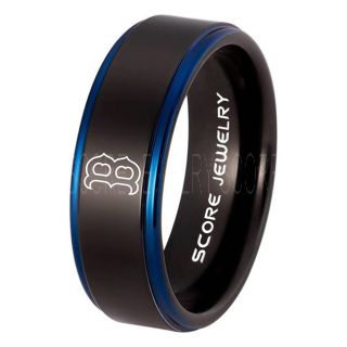 Boston Red Sox Ring  Black Tungsten Ring with Blue Step Edge Polished Finish 8mm Tungsten Wedding Band Boston Red Sox Ring 