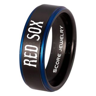 Boston Red Sox Ring  Black Tungsten Ring with Blue Step Edge Polished Finish 8mm Tungsten Wedding Band Boston Red Sox Ring 