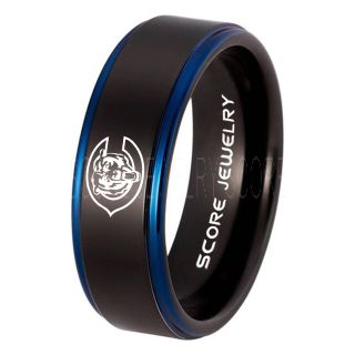 Chicago Bears Ring  Black Tungsten Ring with Blue Step Edge Polished Finish 8mm Tungsten Wedding Band Chicago Bears Ring 