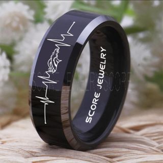 Broncos Ring, Broncos Jewelry,  8mm Black Tungsten Ring Broncos Heartbeat Wedding Ring, Black Tungsten Ring