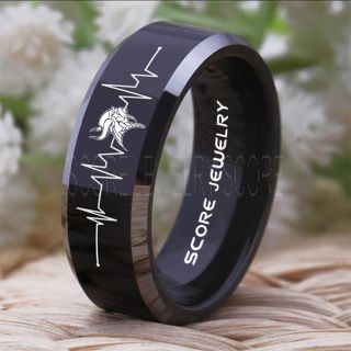 Minnesota Vikings Ring 8mm Black Tungsten Ring Minnesota Vikings Heartbeat Wedding Ring