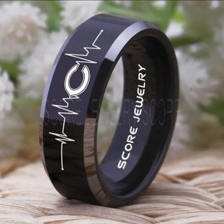 Chicago Bears Ring 8mm Black Tungsten Ring Chicago Bears Heartbeat Wedding Ring