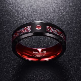 Red Ring, Red Tungsten Ring, Red Wedding Band, Black Tungsten Ring with Red Carbon Fiber and AAAAA Red CZ Stone Inlay Ring