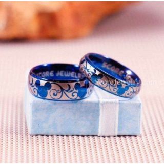 Mickey Mouse Ring, 2 Piece Couple Set Blue Tungsten Bands with Domed Edge Mickey Mouse Pattern Laser Engraved Rings - 8mm & 6mm Rings
