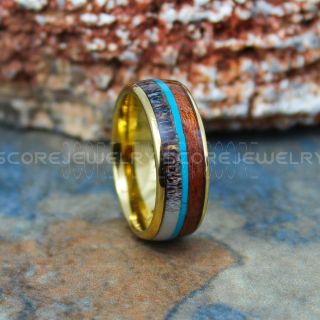 Turquoise Ring, Turquoise Wedding Band, Antler Ring, Antler Wedding Band, Koa Wood Ring, 14K Yellow Gold Tungsten Wedding Band, Turquoise Tungsten Wedding Ring, Koa Wood Tungsten Ring