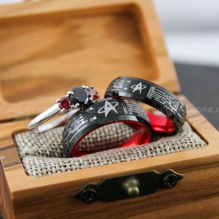 Circuit Board Rings, Star Trek Rings, 3 Piece Couple Set Black Tungsten Bands Starfleet and Circuit Board Design Black Tungsten Trekkie Ring