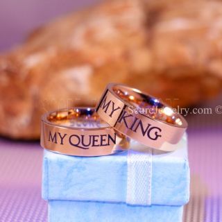 2 Piece Couple Set 14K Rose Gold Couple Set Tungsten Rings My King My Queen 8mm Tungsten Wedding Bands