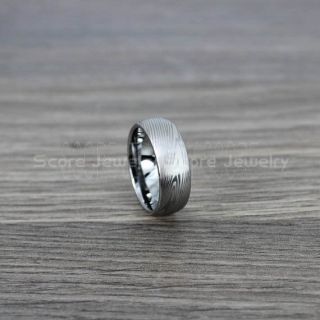 Damascus Steel Ring, Silver Tungsten Ring, Silver Tungsten Band, Damascus Steel Pattern Laser Engraved Tungsten Wedding Ring, Damascus Steel Wedding Band
