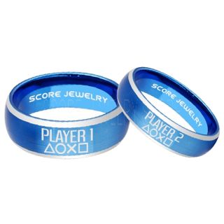 Player 1 Player 2 Rings, Gamer Rings, Blue Tungsten Rings, Blue Wedding Bands, Couple Ring Set Gamer Rings, Blue Tungsten Bands