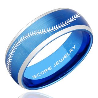 Baseball Ring, Baseball Stitch Pattern Ring, Blue Tungsten Ring, Blue Ring, Blue Wedding Band, Blue Wedding Ring, Baseball Stitch Ring, Blue Wedding Band
