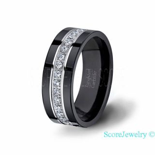 Black Tungsten Carbide Ring Stacked Fully With Brilliant AAA Cubic Zirconia Stone