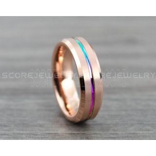 Rainbow Ring, Rainbow Wedding Band, 14K Rose Gold Tungsten Band Beveled Edge Center Rainbow Groove, 6mm 14K Rose Gold Tungsten Wedding Band