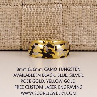Camo Ring, Camouflage Ring, Yellow Gold Wedding Band with Camo Pattern, 14K Yellow Gold Tungsten Ring, Silver Wedding Band, Yellow Gold Tungsten Band, Military Ring