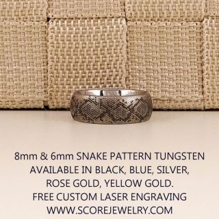 Snake Ring, Snake Skin Ring, Snake Scale Ring, Reptile Ring, Silver Tungsten Band with Domed Edge Snake Skin, Black Mamba Scale Pattern Ring- 8mm or 6mm Tungsten Ring