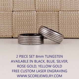 Tire Rings, Tire Tread Pattern Rings, 2 Piece Couple Tire Tread Rings, Auto Racing Rings, Truck Driver Rings, Trucker Rings, Black Tungsten Rings, Black Tungsten Bands, Black Wedding Rings