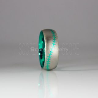 Baseball Ring, Baseball Stitch Pattern Ring, Green Tungsten Ring, Baseball Jewelry, Green Wedding Band, Green Wedding Ring