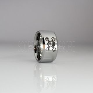 Skull Ring, Pistons Ring, 12mm Tungsten Band with Beveled Edge Engine Pistons and Skull Design Ring