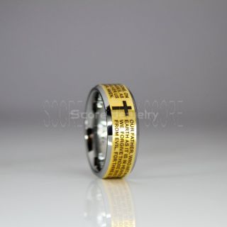 Christian Cross Ring, The Lord Prayer Ring, Religion Ring, 14K Yellow Gold Tungsten Couple Ring, Christian Cross Jewelry, Silver Tungsten Wedding Band, Religious Jewelry