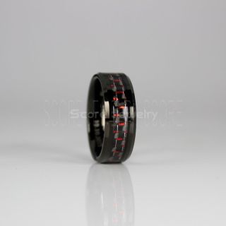 Black Tungsten Ring, Black Tungsten Wedding Ring, Black Wedding Band, Black Tungsten Ring with Red Carbon Fiber Inlay, Black Tungsten Wedding Band