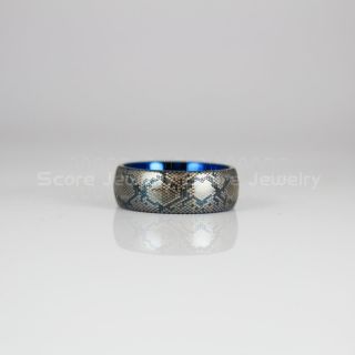Snake Ring, Snake Skin Ring, Snake Scale Ring, Reptile Ring, Blue Tungsten Band with Domed Edge Snake Skin, Black Mamba Scale Pattern Ring- 8mm or 6mm Tungsten Ring