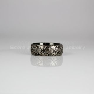 Snake Ring, Snake Skin Ring, Snake Scale Ring, Reptile Ring, Black Tungsten Band with Domed Edge Snake Skin, Black Mamba Scale Pattern Ring- 8mm or 6mm Tungsten Ring