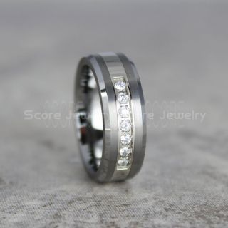 8mm Tungsten Band with 7 White AAAAA Cubic Zirconia Center Stones - 8mm Tungsten Wedding Ring