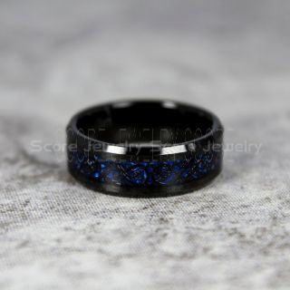 Dragon Ring, Dragon Inlay Ring, Celtic Ring, Black Tungsten Ring, Black Wedding Band, Black Tungsten Ring with Blue Carbon Fiber and Black Celtic Dragon Inlay Ring