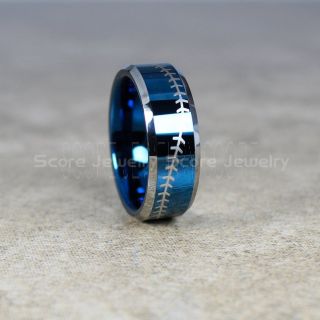 Baseball Ring, Baseball Stitch Pattern Ring, Blue Tungsten Ring, Blue Ring, Blue Wedding Band, Blue Wedding Ring, Baseball Stitch Ring, Blue Wedding Band