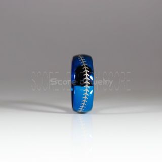 Baseball Ring, Baseball Stitch Pattern Ring, Blue Tungsten Ring, Baseball Jewelry, Blue Wedding Band, Blue Wedding Ring