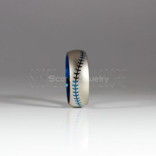 Baseball Ring, Baseball Stitch Pattern Ring, Blue Tungsten Ring, Blue Ring, Blue Wedding Band, Blue Wedding Ring, Baseball Stitch Ring, Blue Wedding Band