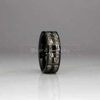 Music Ring, Music Sheet Ring, Music Jewelry, Piano Ring, Black Tungsten Ring, Black Ring, Black Wedding Band, Treble Clef Note Ring, Music Notes Ring
