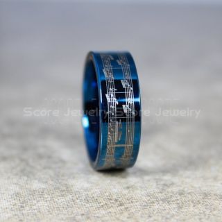 Music Ring, Music Sheet Ring, Music Jewelry, Piano Ring, Blue Tungsten Ring, Blue Ring, Blue Wedding Band, Treble Clef Note Ring, Music Notes Ring
