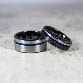 Silver Tungsten Rings, Silver Tungsten Wedding Bands, 2 Piece Couple Set Silver Wedding Bands with Blue Off Center Groove, Silver Wedding Rings, Silver Tungsten Wedding Rings