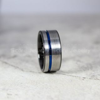 Silver Ring, Silver Wedding Band, Silver Tungsten Ring, Silver Tungsten Wedding Band with Blue Off Center Groove, Black Wedding Band, Black Wedding Ring, Black Tungsten Wedding Band