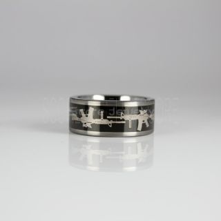 Assault Rifle Ring, Machine Gun Ring, Military Ring, Army Ring, Hunting Ring, Silver Tungsten Ring, Silver Tungsten Wedding Band, 12mm Wedding Ring