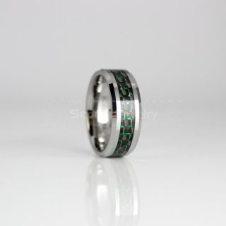 Silver Tungsten Ring, Silver Tungsten Wedding Ring, Silver Wedding Band, Silver Tungsten Ring with Green Carbon Fiber Inlay, Silver Tungsten Wedding Band