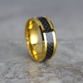 14K Yellow Gold Tungsten Ring, Yellow Gold Tungsten Ring, Yellow Gold Wedding Band, Yellow Gold Tungsten Ring with Black Carbon Fiber Inlay, Yellow Gold Tungsten Wedding Band
