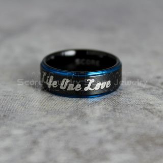 Black Tungsten Band with Blue Step Edge One Life One Love Laser Engraved Ring- 8mm Tungsten Wedding Ring
