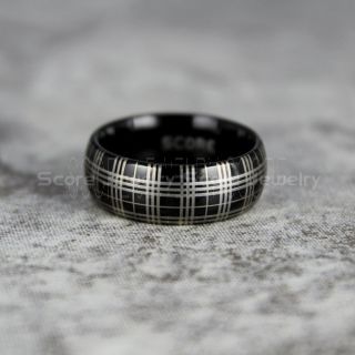 Black Tungsten Ring, Classic 8mm Black Tungsten Wedding Band with Plaid Pattern, Black Wedding Band, Black Wedding Ring, Black Tungsten Wedding Ring