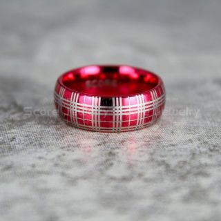 Red Tungsten Ring, Classic 8mm Red Tungsten Wedding Band with Plaid Pattern, Red Wedding Band, Red Wedding Ring, Red Tungsten Wedding Ring