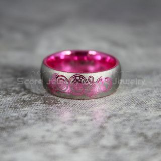 Pink Ring, Pink Doctor Who Ring, Gallifreyan Ring Doctor Who Jewelry, Doctor Who Wedding Band, Doctor Who Wedding Ring, 8mm Pink Tungsten Ring