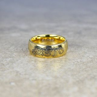 Doctor Who Ring, Gallifreyan Ring Doctor Who Jewelry, Doctor Who Wedding Band, Doctor Who Wedding Ring, 8mm 14K Yellow Gold Tungsten Ring