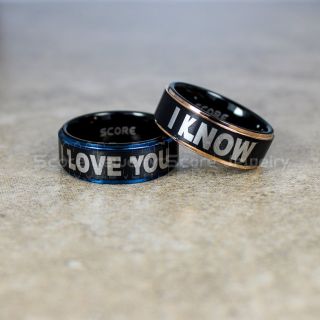 Star Wars Rings, Star Wars Jewelry, I Love You I Know Rings, 2 Piece Couple Set Star Wars Rings, Star Wars Wedding Bands, Matching I Love You I Know Rings, Black Wedding Rings, Black Tungsten Bands, Star Wars Wedding Bands