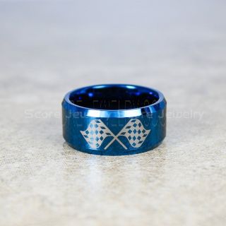 Racing Ring, Racing Flag Ring, Checkered Flag Ring, Chequered Flag Ring, Blue Tungsten Ring, Auto Racing Ring, Blue Wedding Band, Blue Tungsten Ring