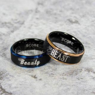 Beauty and Beast Rings, Beauty and Beast wedding Rings, Beauty and Beast Matching Rings, 2 Piece Couple Set Beauty and the Beast Rings, Black Tungsten Rings