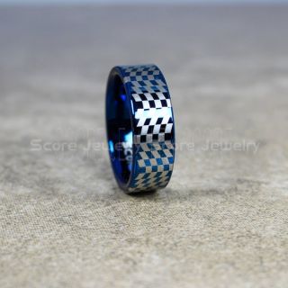 Racing Ring, Racing Flag Ring, Checkered Flag Ring, Chequered Flag Ring, Blue Tungsten Ring, Auto Racing Ring, Blue Wedding Band, Blue Tungsten Ring