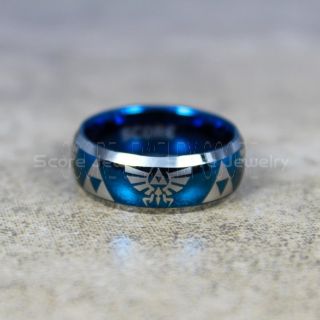 Blue Zelda Ring, Triforce Ring, Gamer Ring, Blue Legend of Zelda Ring, Zelda Wedding Ring, Zelda Wedding Band, Blue Tungsten Ring, Blue Wedding Band