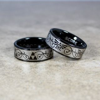 Zelda Rings, 2 Piece Couple Set Legend of Zelda Rings, Zelda Wedding Rings, Zelda Wedding Bands, Black Tungsten Rings, Black Wedding Bands